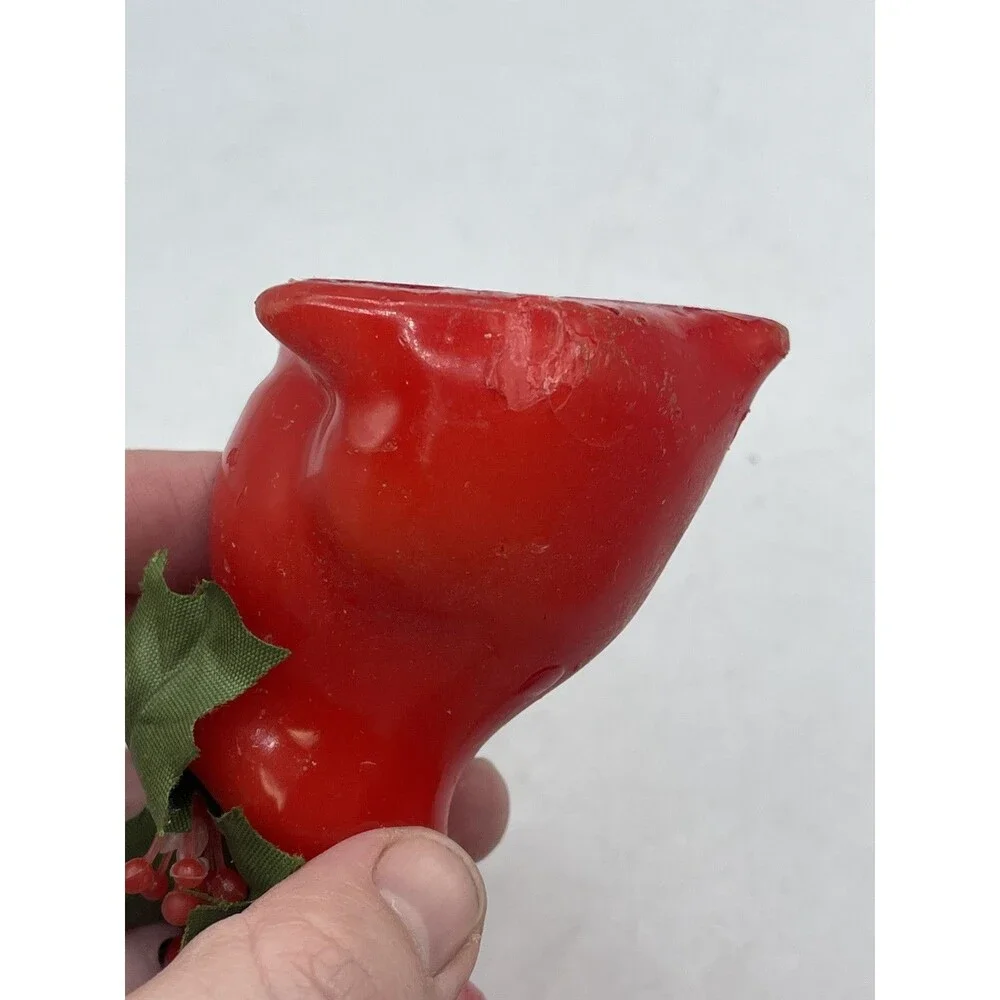 Vintage Red Mouse w/ Big Ears Holding Holly Figure Candle  5.5” Tall -
